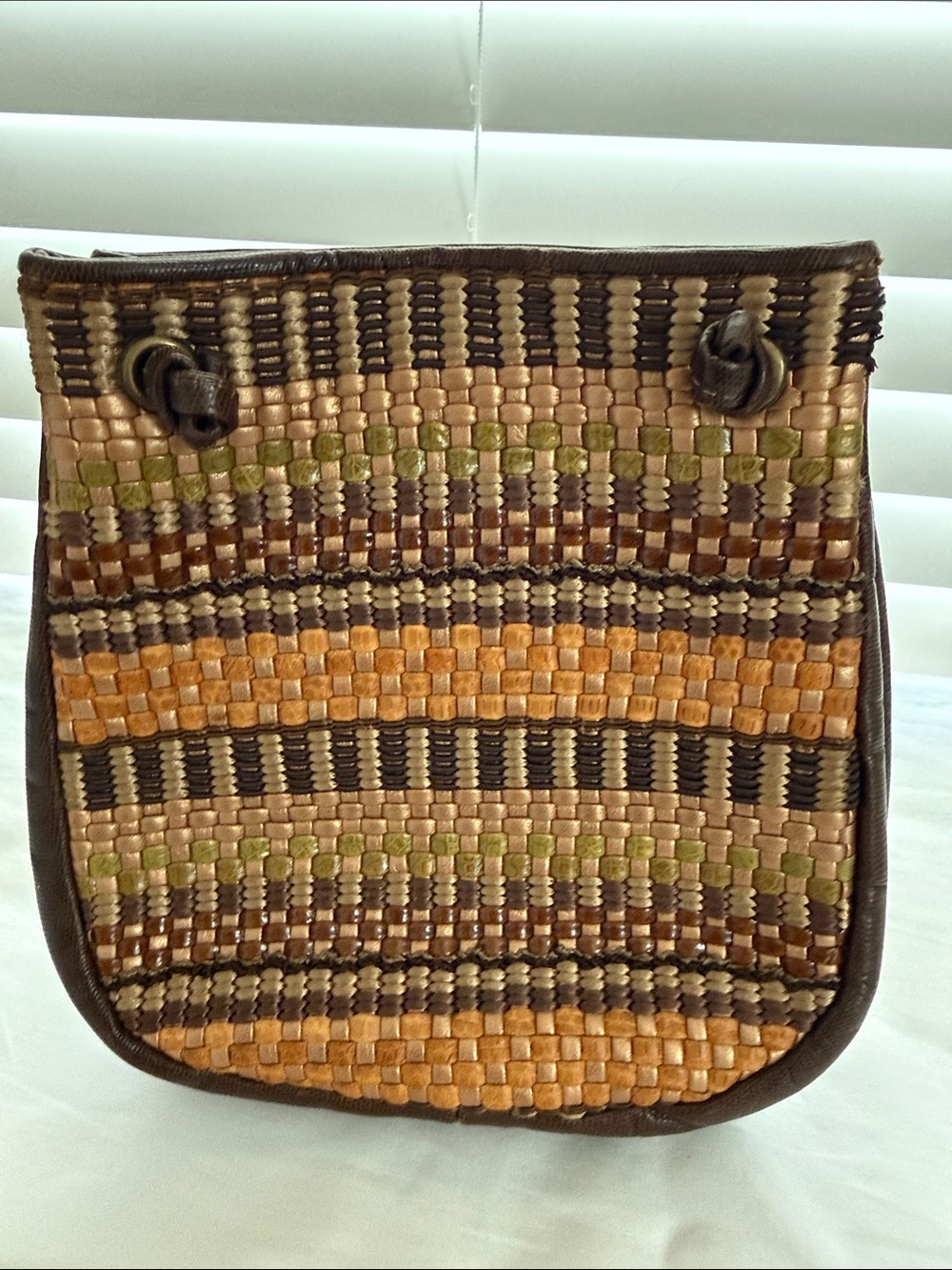 Vintage 90s Sharif Brown Woven Crossbody Bag with Dark Trim